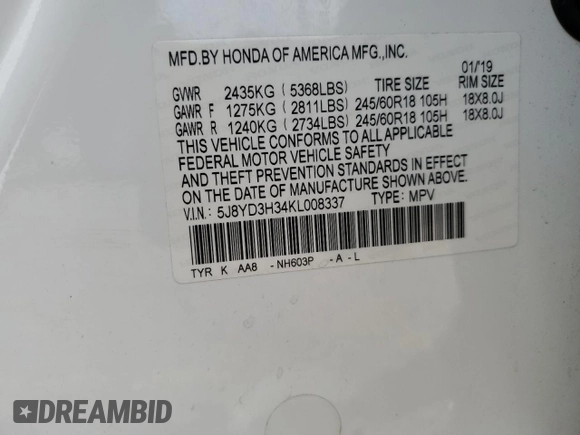 2019 Acura MDX with VIN 5J8YD3H34KL008337, listed as a Copart auction lot 53061655 with 66,561 mi miles and Salvage Title. Bid and sale history available at carsss.com. Image 14.