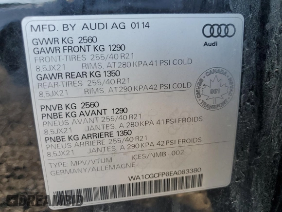 2014 Audi SQ5 with VIN WA1CGCFP6EA083380, listed as a Copart auction lot 75651014 with 308,706 mi miles and Clean Title. Bid and sale history available at DreamBid. Image 14.