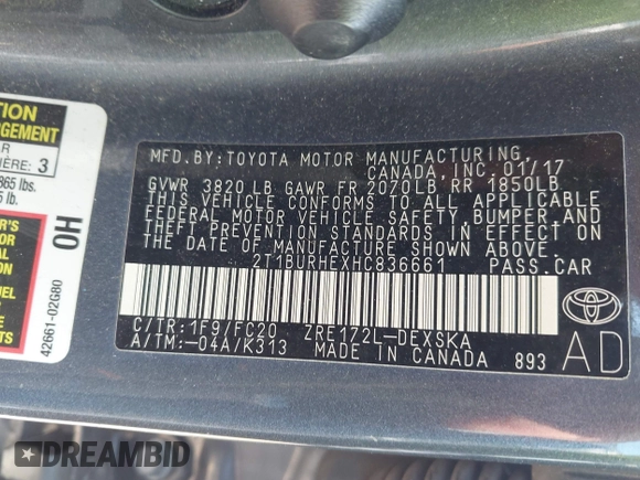 2017 Toyota Corolla L with VIN 2T1BURHEXHC836661, listed as a IAAI auction lot 42536743 with 95,252 mi miles and . Bid and sale history available at DreamBid. Image 9.