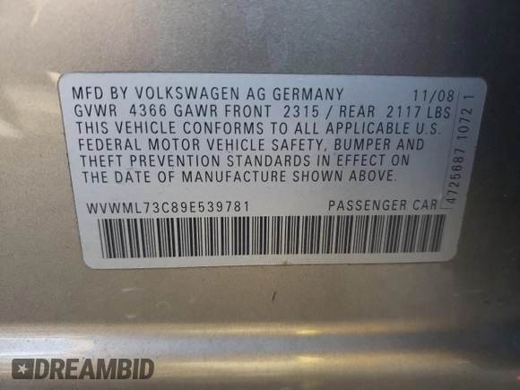 2009 Volkswagen CC Sport with VIN WVWML73C89E539781, listed as a Copart auction lot 78185644 with 139,762 mi miles and Clean Title. Bid and sale history available at DreamBid. Image 12.