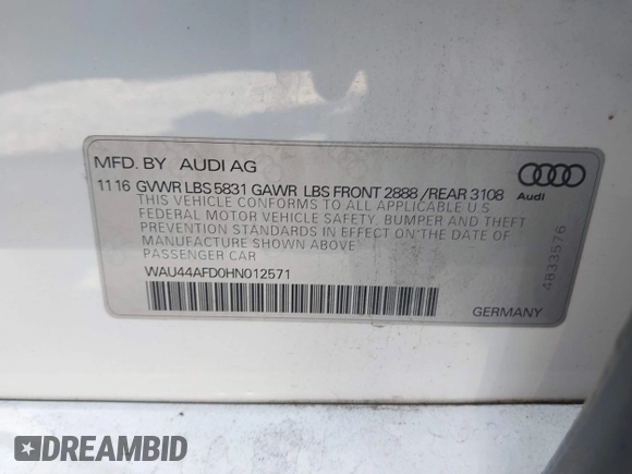 2017 Audi A8 L with VIN WAU44AFD0HN012571, listed as a IAAI auction lot 41717676 with 120,832 mi miles. Bid and sale history available at carsss.com. Image 9.