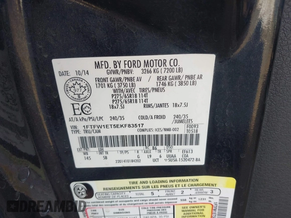 2014 Ford F-150 XL with VIN 1FTFW1ET5EKF83517, listed as a IAAI auction lot 42358874 with 165,798 mi miles and . Bid and sale history available at DreamBid. Image 9.