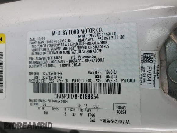 2015 Ford Fusion SE with VIN 3FA6P0H78FR188854, listed as a Copart auction lot 48263725 with 131,657 mi miles and Salvage Title. Bid and sale history available at carsss.com. Image 14.