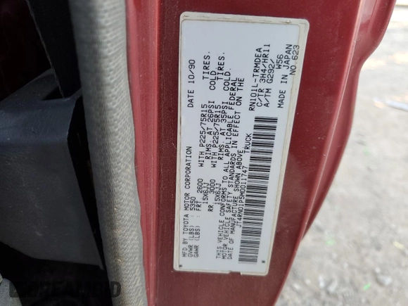 1991 Toyota Pickup DX z VIN JT4RN01P5M0011747, wystawiony jako Copart lot #42169245 z przebiegiem 204 202 mil mil oraz Szkoda całkowita • Salvage title. Historia ofert i sprzedaży dostępna na DreamBid. Obrazek 12.