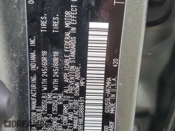 2018 Toyota Highlander SE with VIN 5TDJZRFH8JS888491, listed as a Copart auction lot 61197555 with Not provided miles and Salvage title. Bid and sale history available at DreamBid. Image 13.