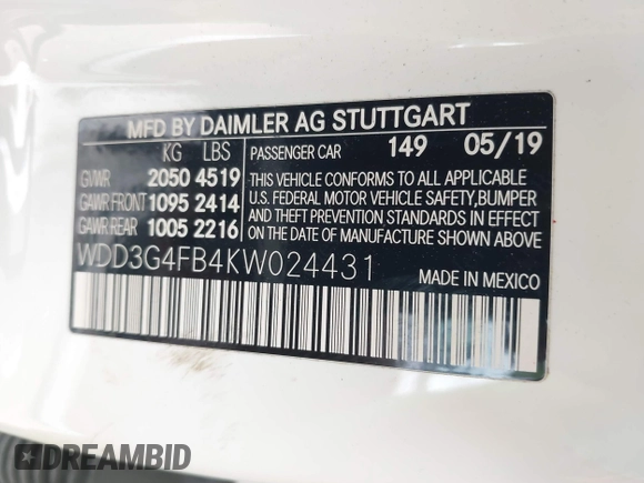 2019 Mercedes-Benz A 220 with VIN WDD3G4FB4KW024431, listed as a IAAI auction lot 41905395 with 65,141 mi miles and . Bid and sale history available at DreamBid. Image 9.