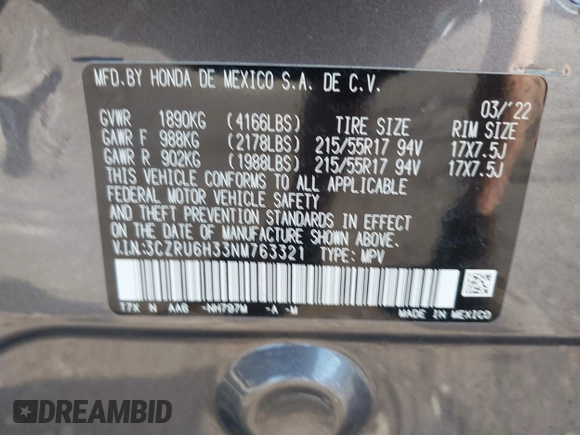 2022 Honda HR-V LX with VIN 3CZRU6H33NM763321, listed as a IAAI auction lot 42551177 with 14,395 mi miles and . Bid and sale history available at DreamBid. Image 9.
