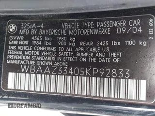 2005 BMW 3 Series 325i with VIN WBAAZ33405KP92833, listed as a IAAI auction lot 42734129 with 123,680 mi miles and . Bid and sale history available at DreamBid. Image 9.