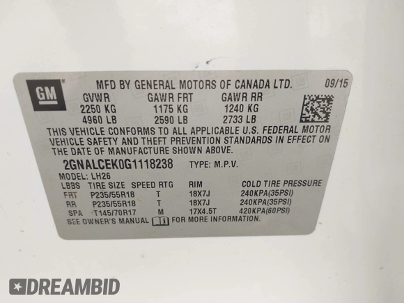 2016 Chevrolet Equinox LT with VIN 2GNALCEK0G1118238, listed as a IAAI auction lot 41596169 with 125,102 mi miles. Bid and sale history available at carsss.com. Image 9.