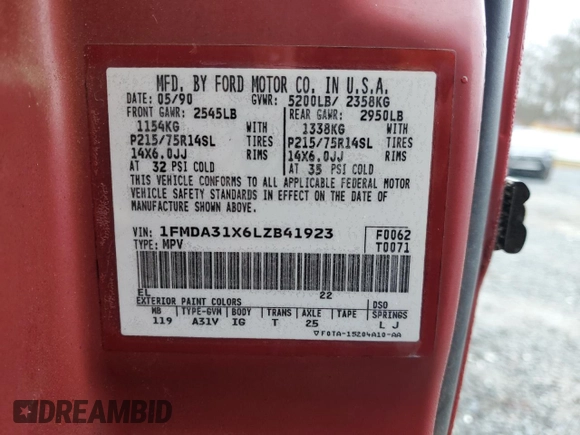 1990 Ford Aerostar z VIN 1FMDA31X6LZB41923, wystawiony jako Copart lot #86900154 z przebiegiem 11 339 mil mil oraz Szkoda całkowita • Salvage title. Historia ofert i sprzedaży dostępna na DreamBid. Obrazek 15.