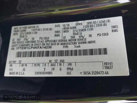 2019 Ford F-150 XL с VIN 1FTEW1CP4KFA14230, выставлен на аукционе IAAI как лот 41363142 с пробегом 117 592 миль миль и . История ставок и продаж доступна на DreamBid. Изображение 9.