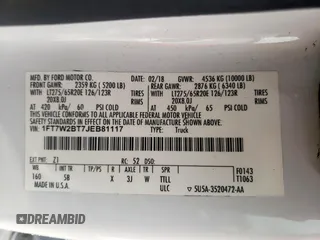 2018 Ford F-250 XL с VIN 1FT7W2BT7JEB81117, выставлен на аукционе Copart как лот 56172315 с пробегом 134 154 миль миль и Списание • Salvage title. История ставок и продаж доступна на DreamBid. Изображение 12.