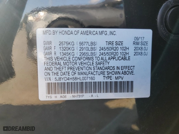 2017 Acura MDX w/Technology Pkg with VIN 5J8YD4H58HL007160, listed as a Copart auction lot 71352264 with 0 mi miles and Non Repairable. Bid and sale history available at carsss.com. Image 13.