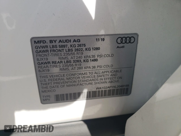 2020 Audi Q5 Premium with VIN WA1G2AFYXL2049169, listed as a Copart auction lot 70630444 with 78,968 mi miles and Salvage Title. Bid and sale history available at carsss.com. Image 13.