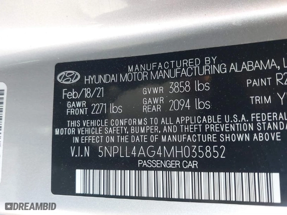 2021 Hyundai Elantra SE with VIN 5NPLL4AG4MH035852, listed as a IAAI auction lot 41264724 with 55,874 mi miles. Bid and sale history available at carsss.com. Image 9.