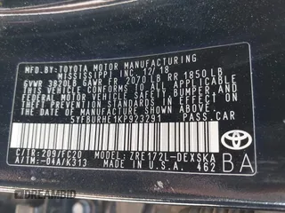 2019 Toyota Corolla L with VIN 5YFBURHE1KP923291, listed as a IAAI auction lot 42173538 with 60,184 mi miles and . Bid and sale history available at DreamBid. Image 9.