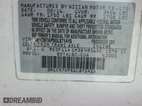 2016 Nissan Versa S with VIN 3N1CN7AP5GL871415, listed as a Copart auction lot 51670765 with 76,947 mi miles and Clean Title. Bid and sale history available at carsss.com. Image 12.