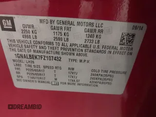 2015 Chevrolet Equinox LT z VIN 1GNALBEK7FZ107432, wystawiony jako IAAI lot #42120192 z przebiegiem 117 793 mil mil oraz . Historia ofert i sprzedaży dostępna na DreamBid. Obrazek 9.