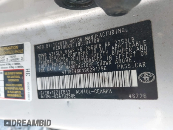 2009 Toyota Camry with VIN 4T1BE46K19U291796, listed as a IAAI auction lot 42077319 with 237,423 mi miles. Bid and sale history available at carsss.com. Image 9.