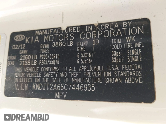 2012 Kia Soul + with VIN KNDJT2A66C7446935, listed as a IAAI auction lot 42093428 with 122,917 mi miles and . Bid and sale history available at DreamBid. Image 9.