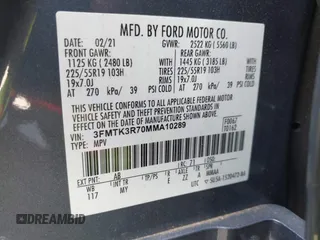 2021 Ford Mustang Mach-E Premium with VIN 3FMTK3R70MMA10289, listed as a IAAI auction lot 41940232 with 65,388 mi miles and . Bid and sale history available at DreamBid. Image 9.