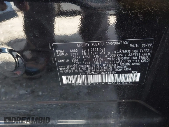 2022 Subaru Ascent Limited with VIN 4S4WMAPD6N3445454, listed as a IAAI auction lot 41756893 with Not Provided miles and . Bid and sale history available at DreamBid. Image 9.