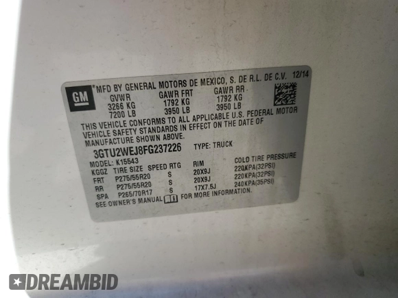 2015 GMC Sierra 1500 Denali with VIN 3GTU2WEJ8FG237226, listed as a Copart auction lot 48175385 with 149,405 mi miles and Salvage Title. Bid and sale history available at DreamBid. Image 12.