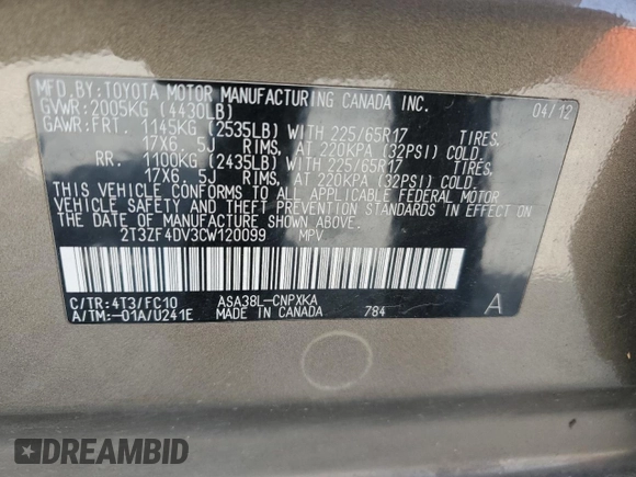 2012 Toyota RAV4 with VIN 2T3ZF4DV3CW120099, listed as a Copart auction lot 54747095 with 135,933 mi miles and Salvage Title. Bid and sale history available at carsss.com. Image 13.