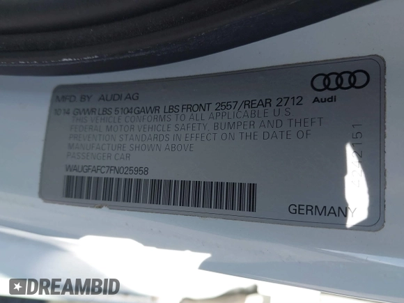 2015 Audi A6 2.0T Premium Plus with VIN WAUGFAFC7FN025958, listed as a IAAI auction lot 41888489 with 100,600 mi miles. Bid and sale history available at carsss.com. Image 9.