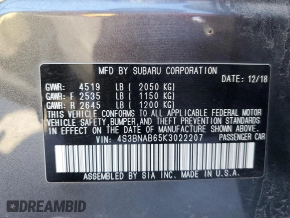 2019 Subaru Legacy with VIN 4S3BNAB65K3022207, listed as a Copart auction lot 84608484 with 94,328 mi miles and Salvage Title. Bid and sale history available at carsss.com. Image 15.