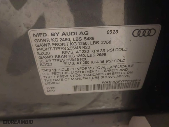 2023 Audi Q5 S line Premium Plus with VIN WA1EAAFY7P2159614, listed as a IAAI auction lot 41669412 with 24,499 mi miles. Bid and sale history available at carsss.com. Image 9.