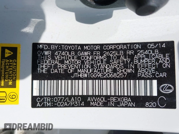 2014 Lexus ES 300h with VIN JTHBW1GG9E2068257, listed as a IAAI auction lot 42043095 with 130,560 mi miles and . Bid and sale history available at DreamBid. Image 9.