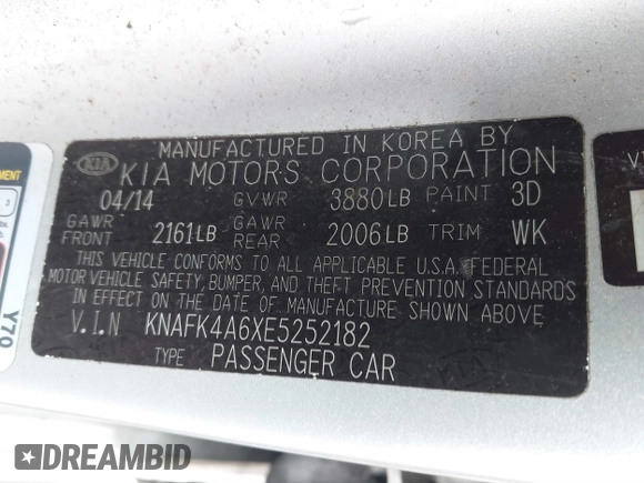 2014 Kia Forte LX with VIN KNAFK4A6XE5252182, listed as a IAAI auction lot 41809127 with 1 mi miles. Bid and sale history available at carsss.com. Image 9.