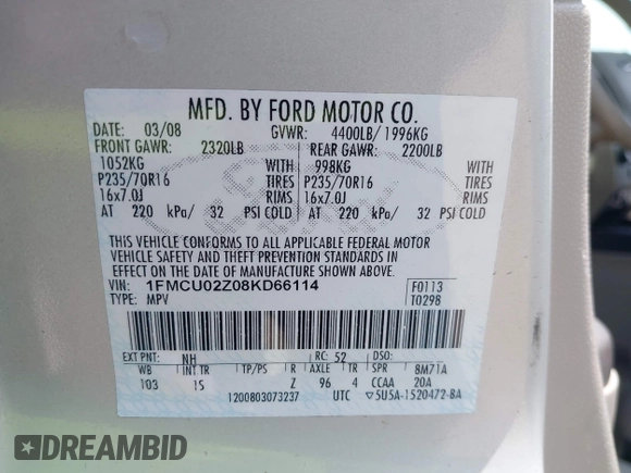 2008 Ford Escape XLS z VIN 1FMCU02Z08KD66114, wystawiony jako IAAI lot #42288231 z przebiegiem 192 272 mil mil oraz . Historia ofert i sprzedaży dostępna na DreamBid. Obrazek 9.