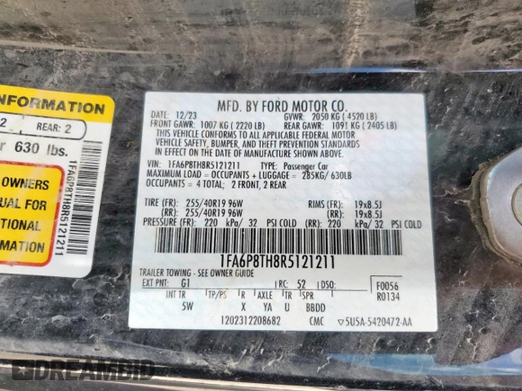 2024 Ford Mustang EcoBoost с VIN 1FA6P8TH8R5121211, выставлен на аукционе Copart как лот 61043315 с пробегом Не указан миль и Списание • Salvage title. История ставок и продаж доступна на DreamBid. Изображение 12.