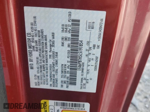 2020 Ford Mustang EcoBoost with VIN 1FA6P8TH5L5191854, listed as a Copart auction lot 60343685 with 89,514 mi miles and Salvage title. Bid and sale history available at DreamBid. Image 12.