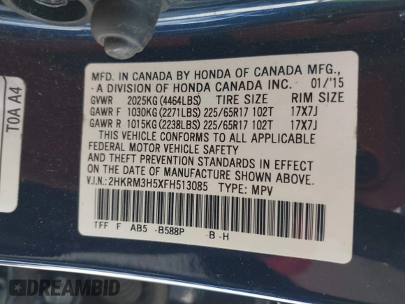 2015 Honda CR-V EX with VIN 2HKRM3H5XFH513085, listed as a IAAI auction lot 42085179 with 83,801 mi miles and . Bid and sale history available at carsss.com. Image 9.