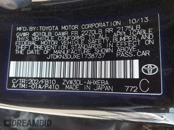 2014 Toyota Prius Four with VIN JTDKN3DUXE1738737, listed as a IAAI auction lot 42159877 with 47,221 mi miles. Bid and sale history available at carsss.com. Image 9.