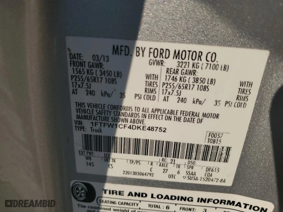 2013 Ford F-150 XL with VIN 1FTFW1CF4DKE48752, listed as a Copart auction lot 49766315 with 270,054 mi miles and Salvage Title. Bid and sale history available at carsss.com. Image 12.