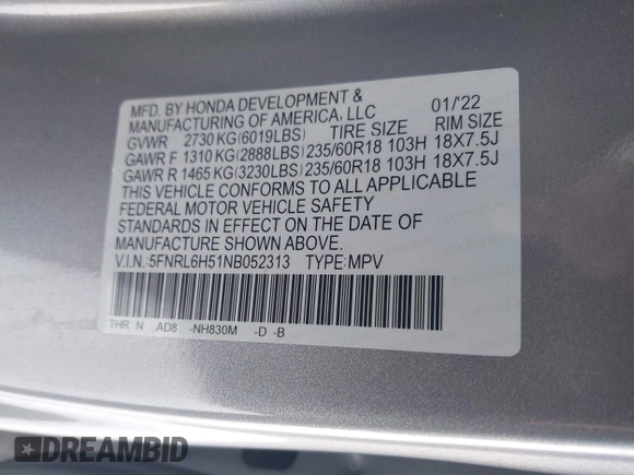 2022 Honda Odyssey EX with VIN 5FNRL6H51NB052313, listed as a IAAI auction lot 41544931 with 38,057 mi miles and . Bid and sale history available at DreamBid. Image 9.