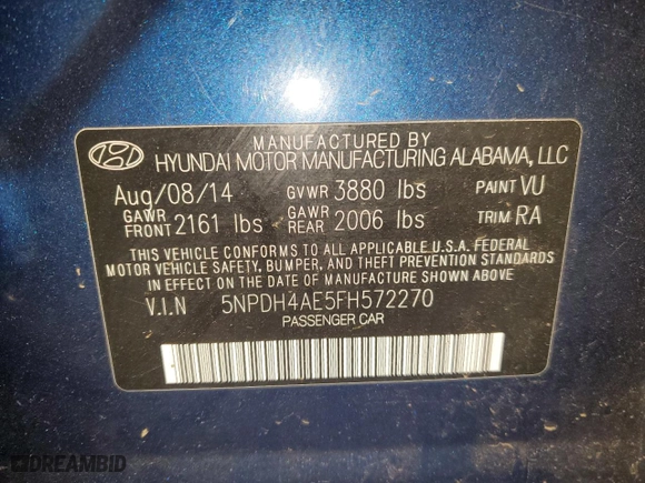 2015 Hyundai Elantra Limited with VIN 5NPDH4AE5FH572270, listed as a Copart auction lot 85393214 with 207,315 mi miles and Clean Title. Bid and sale history available at carsss.com. Image 13.