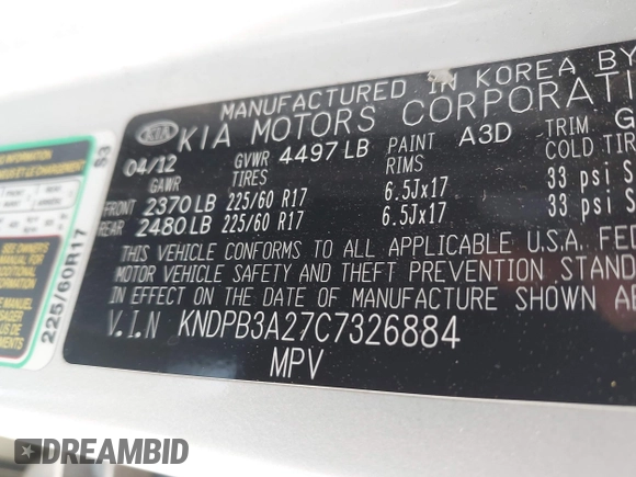 2012 Kia Sportage LX with VIN KNDPB3A27C7326884, listed as a IAAI auction lot 42010016 with 112,797 mi miles. Bid and sale history available at carsss.com. Image 9.