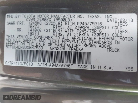 2013 Toyota Tacoma with VIN 5TFUU4EN8DX067539, listed as a IAAI auction lot 41767713 with 156,477 mi miles and . Bid and sale history available at DreamBid. Image 9.