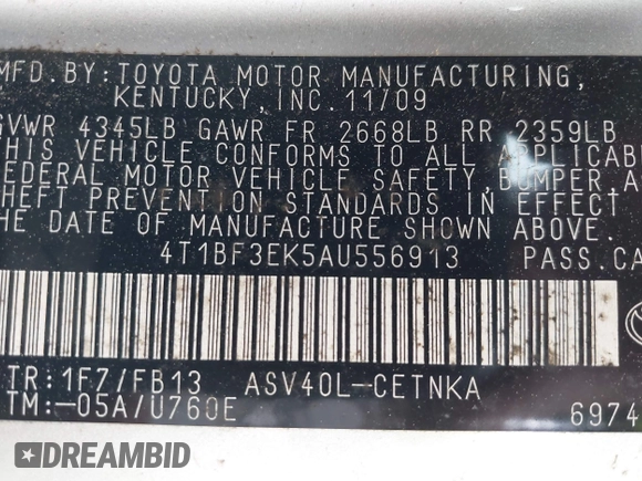 2010 Toyota Camry with VIN 4T1BF3EK5AU556913, listed as a IAAI auction lot 41936130 with 117,707 mi miles and . Bid and sale history available at DreamBid. Image 9.