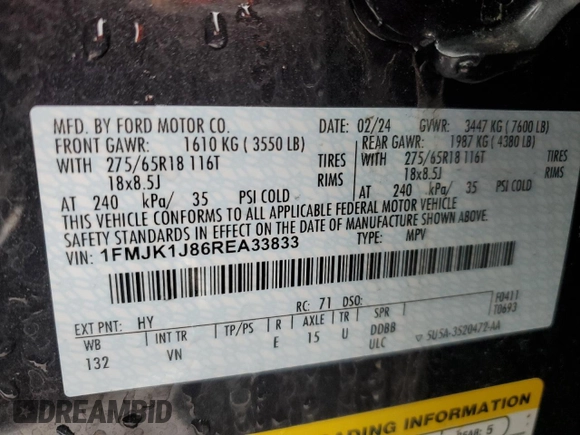 2024 Ford Expedition Max XLT z VIN 1FMJK1J86REA33833, wystawiony jako Copart lot #46241525 z przebiegiem 17 823 mil mil oraz Nie do naprawy • Non repairable. Historia ofert i sprzedaży dostępna na DreamBid. Obrazek 14.