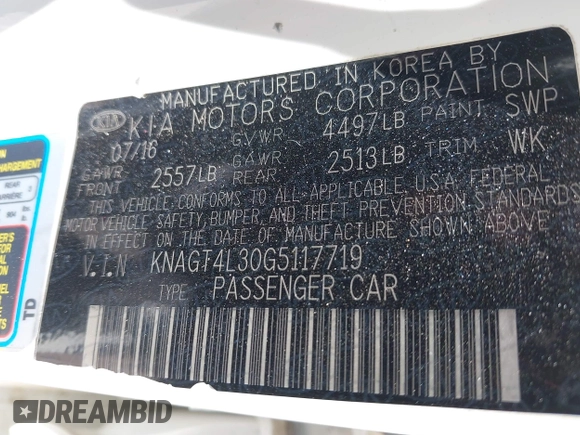 2016 Kia Optima LX with VIN KNAGT4L30G5117719, listed as a IAAI auction lot 42449051 with 122,597 mi miles and . Bid and sale history available at DreamBid. Image 9.