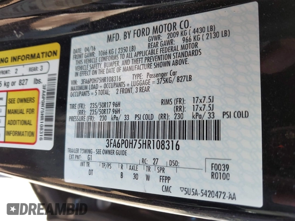 2017 Ford Fusion SE with VIN 3FA6P0H75HR108316, listed as a IAAI auction lot 42113111 with 158,838 mi miles and . Bid and sale history available at DreamBid. Image 9.