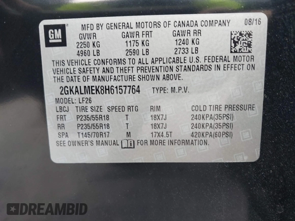 2017 GMC Terrain SLE with VIN 2GKALMEK8H6157764, listed as a IAAI auction lot 41879423 with 95,745 mi miles. Bid and sale history available at carsss.com. Image 9.