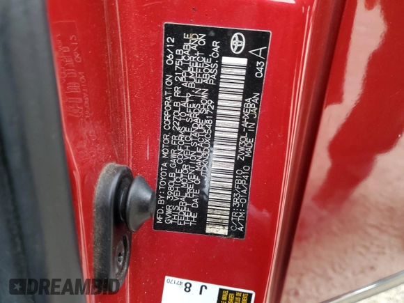 2012 Toyota Prius One with VIN JTDKN3DUXC5481729, listed as a Copart auction lot 81663884 with 88,696 mi miles and Salvage Title. Bid and sale history available at DreamBid. Image 13.