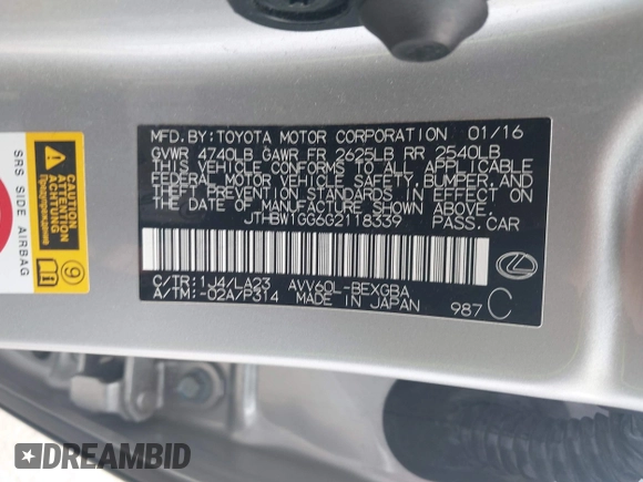 2016 Lexus ES 300h with VIN JTHBW1GG6G2118339, listed as a IAAI auction lot 41910352 with 73,184 mi miles and . Bid and sale history available at DreamBid. Image 9.